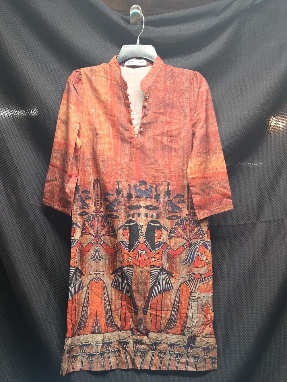 Women’s Rust Orange Egyptian Printed Button-Down Casual Shirt Dress Silk Blend